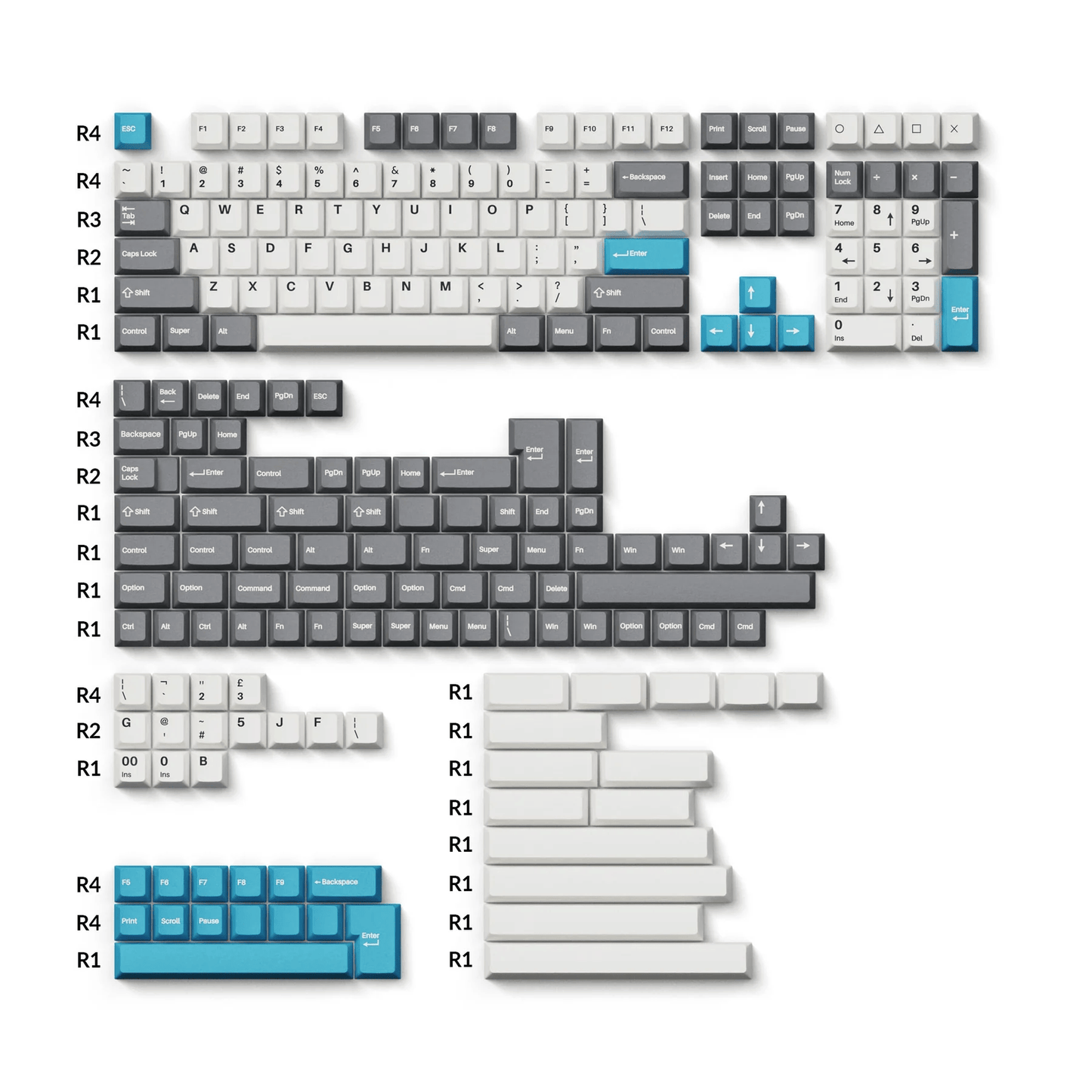 Keychron Doubleshot PBT Keycaps – Grey, White, and Blue (GWB)