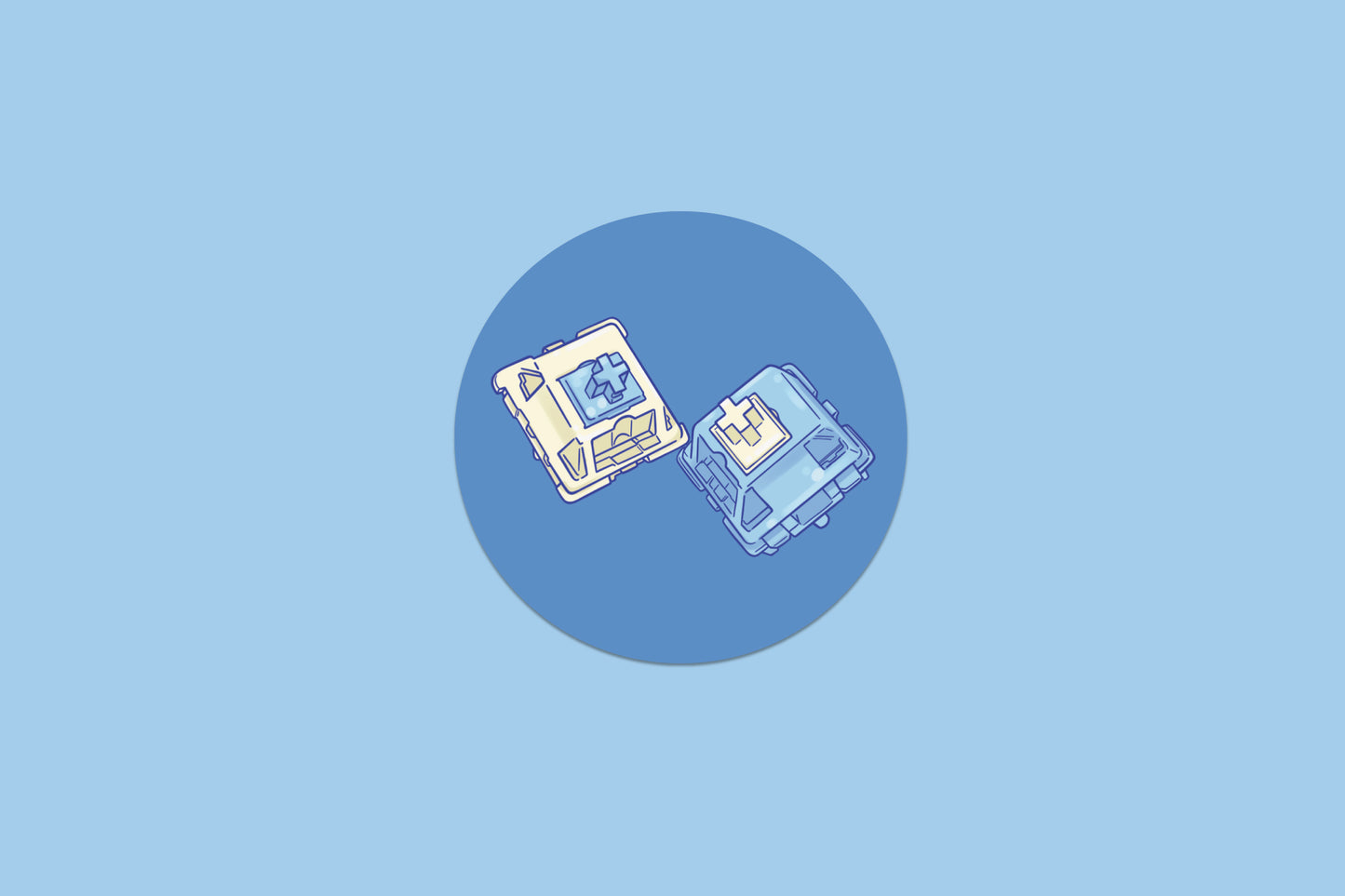 Graphic design of the dark blue Blue Velvet Switch Coasters featuring shots of Blue Velvet Linear and Tactile switches on a baby blue background