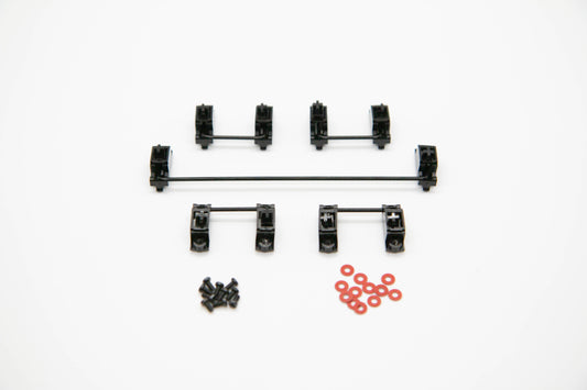 Overhead shot of PCB mounted black mechanical keyboard Durock V2 stabilizer kit in 6.25 configuration with screws and washers