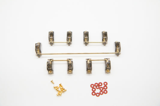 Overhead shot of PCB mounted smokey mechanical keyboard Durock V2 stabilizer kit in 6.25 configuration with screws and washers
