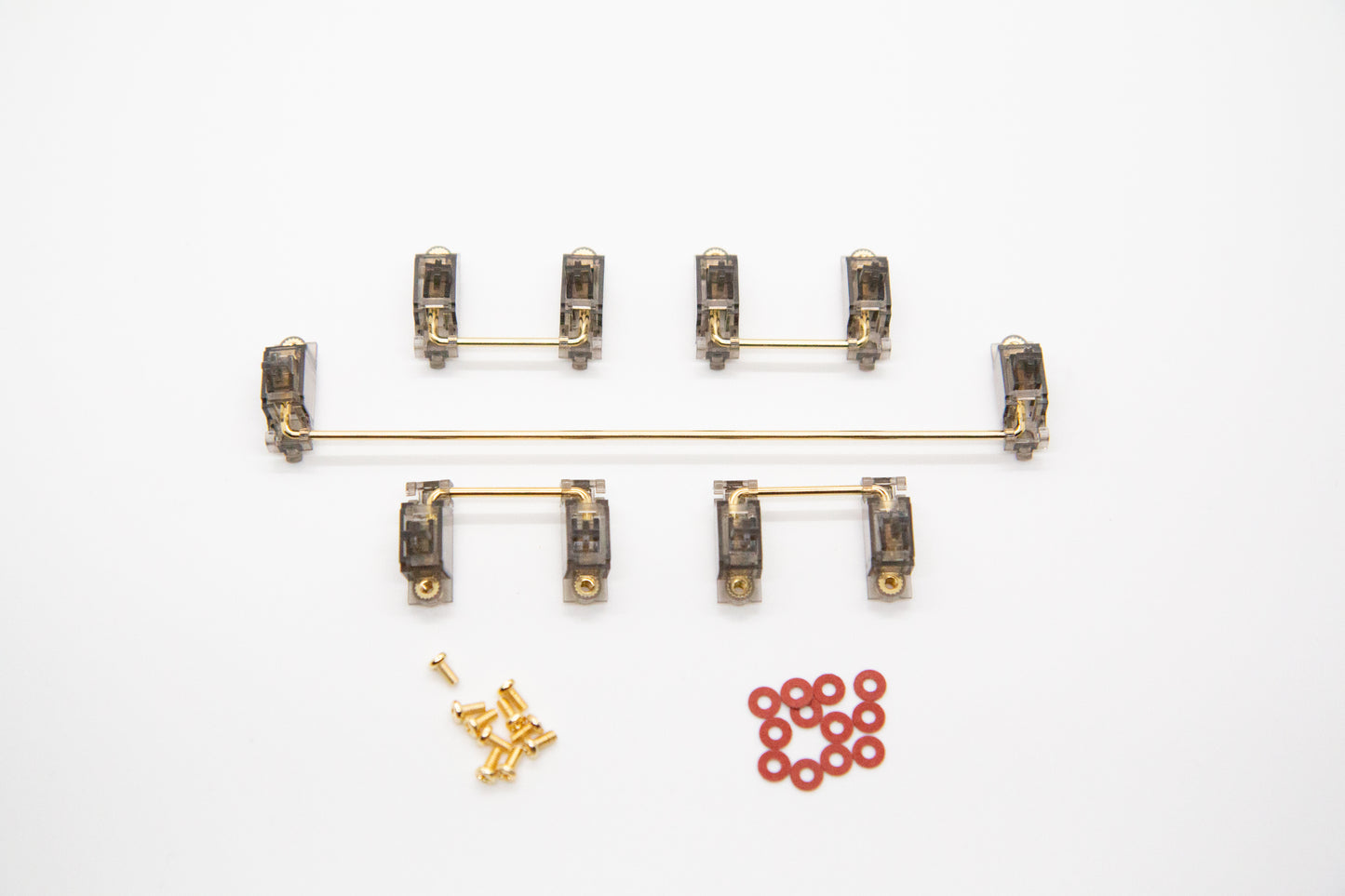 Overhead shot of PCB mounted smokey mechanical keyboard Durock V2 stabilizer kit in 7u configuration with screws and washers