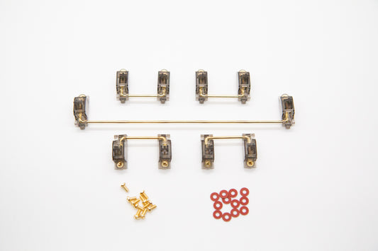 Overhead shot of PCB mounted smokey mechanical keyboard Durock V2 stabilizer kit in 7u configuration with screws and washers